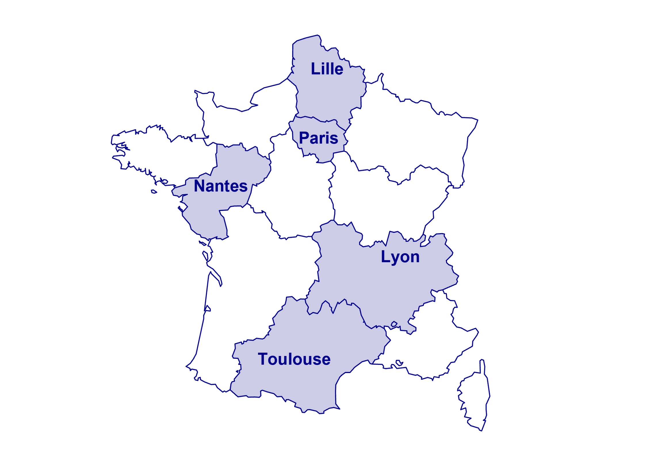 Carte de l'emplacement des antennes de Mozaïk RH en France.
